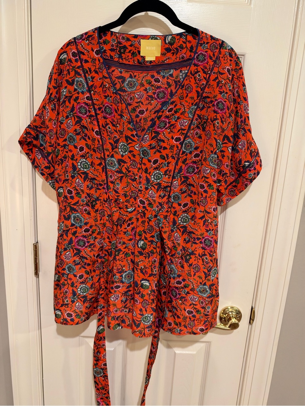 Maeve Anthropologie Maes 100% Silk Floral Kimono Tie-Waist Blouse Size S